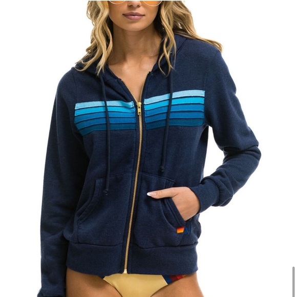 Aviator Nation Blue gradient 5 Stripe Hoodie Full Zip Sweatshirt Women’s Small - Picture 6 of 6